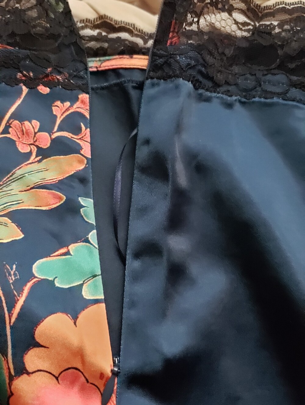 Free People Blue Floral Satin Midi Skirt Set with Black Lace Trim - Picture 5 of 8